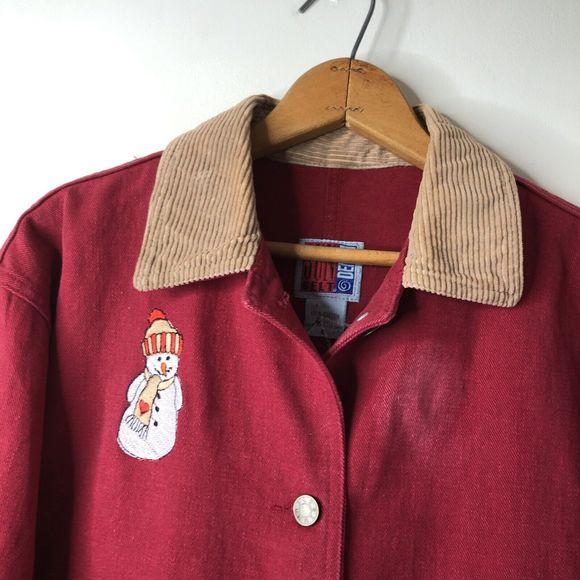 Vintage Sunbelt Denim Chore Coat Red Jean Jacket Snowman Winter Womens Small - Picture 6 of 10